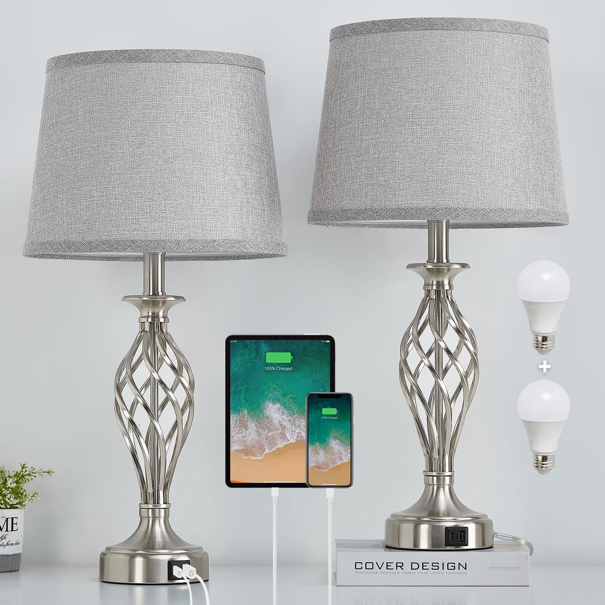 EJIAXIN nightstand lamp set with USB-C and USB-A ports for convenient charging