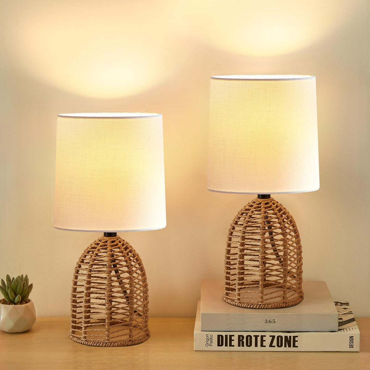 EJIAXIN rattan lamp set on table for ambient lighting.