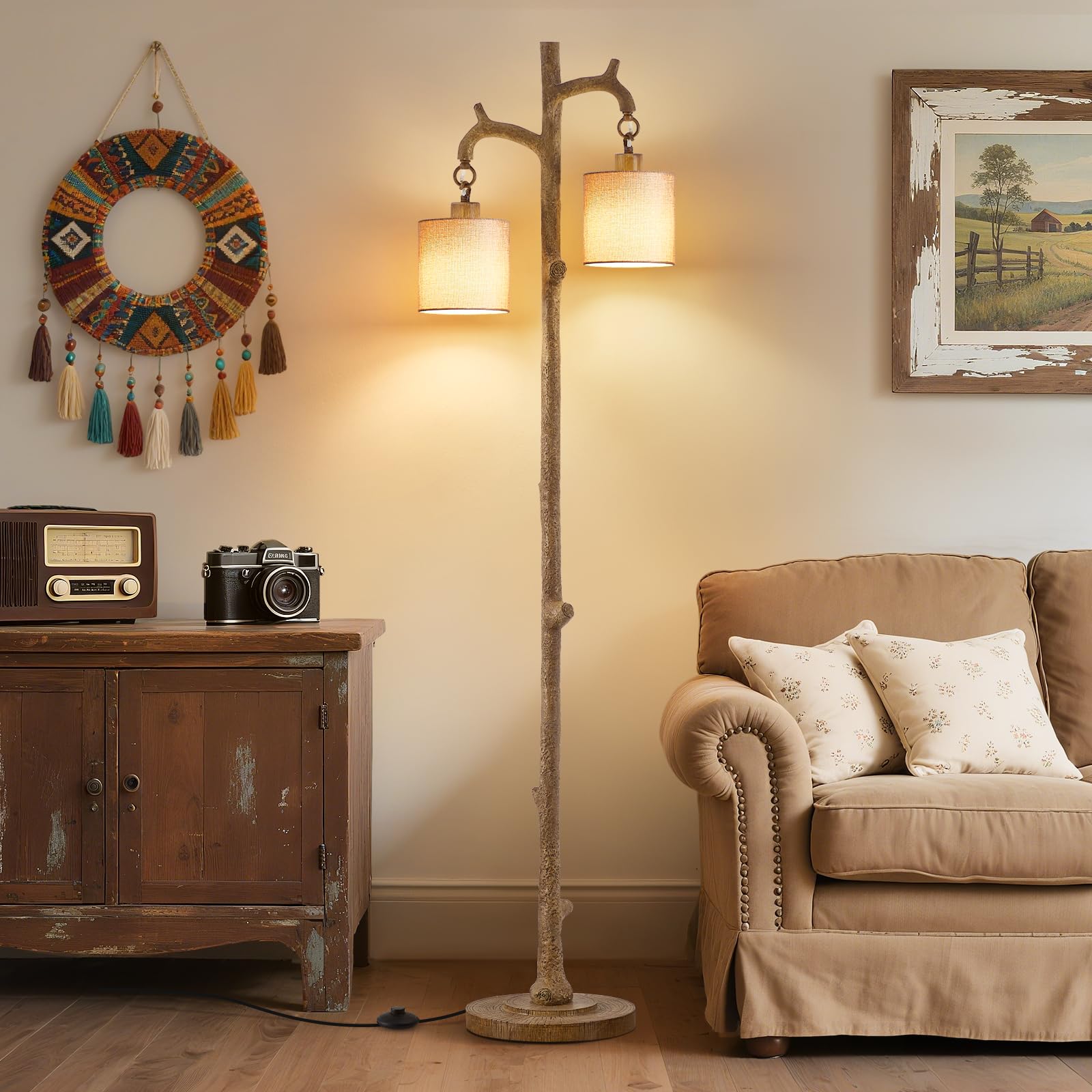 EJIAXIN rustic floor lamp with tree-trunk base enhances cozy living spaces.