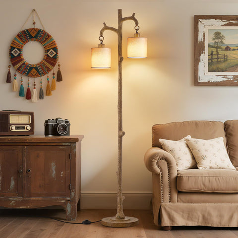 EJIAXIN rustic floor lamp with tree-trunk base enhances cozy living spaces.
