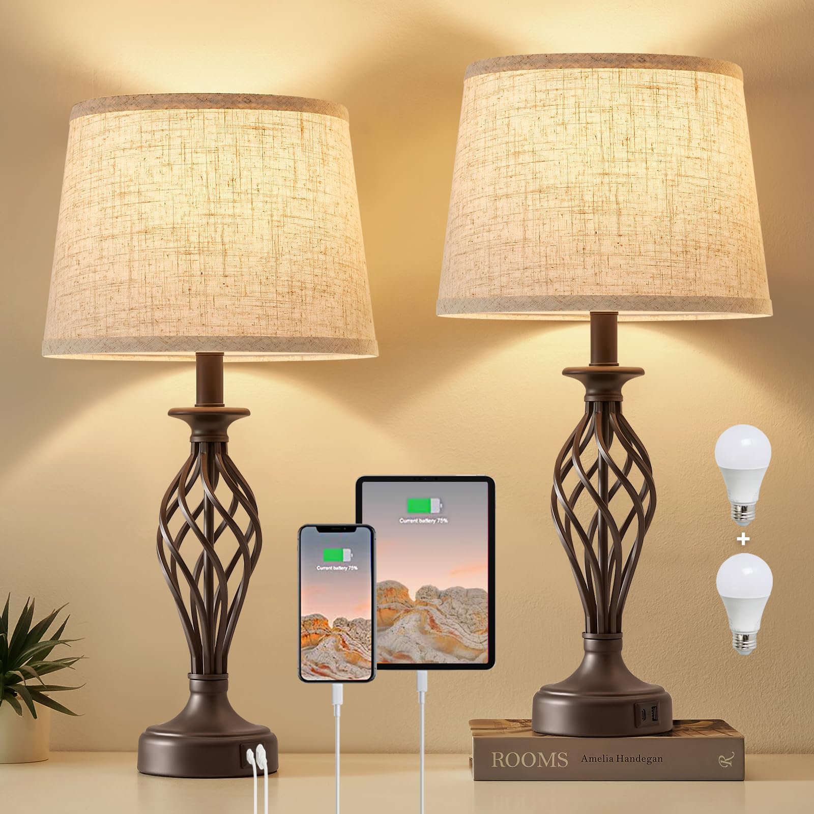 EJIAXIN 2-pack table lamps with spiral cage base brighten a bedside setup