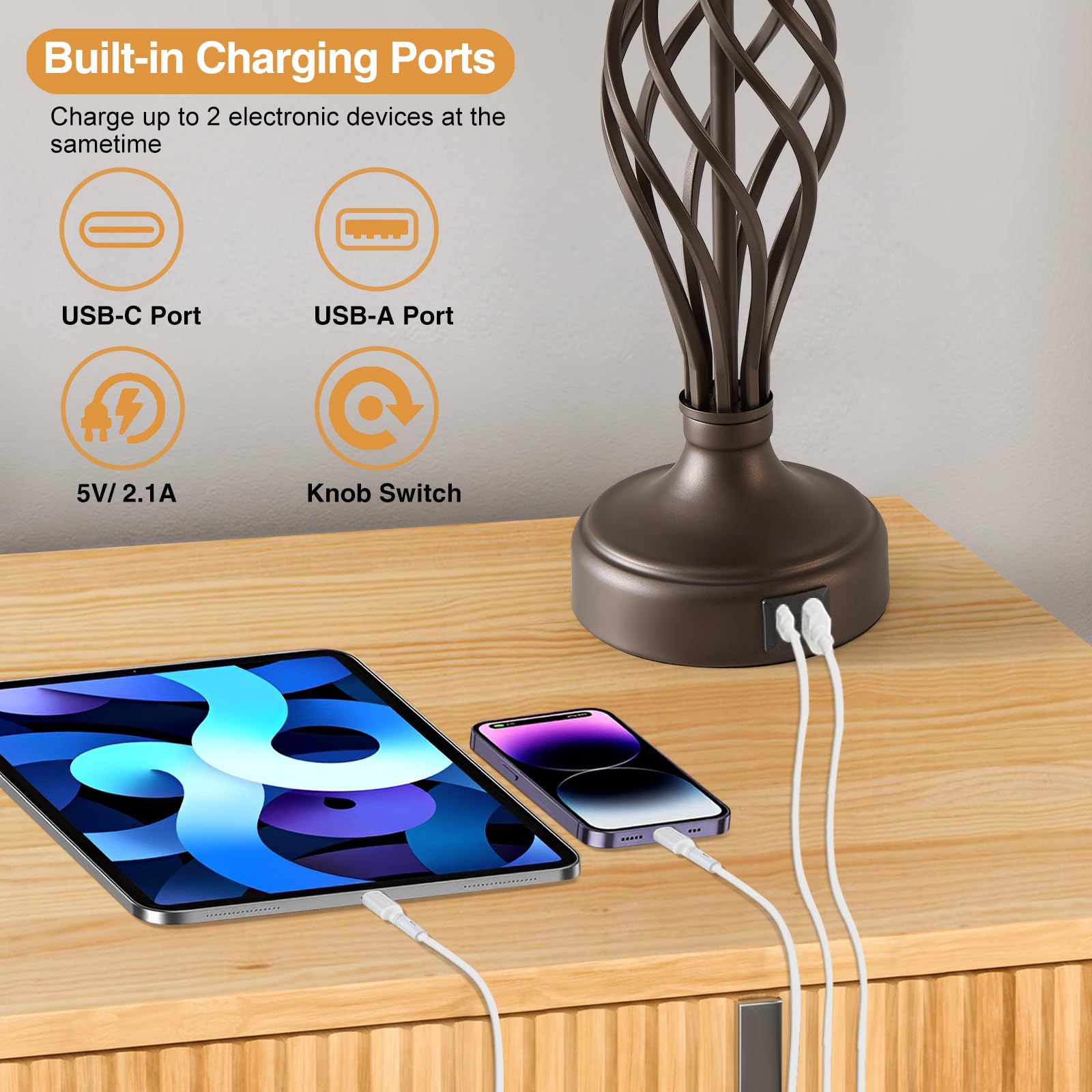 Built-in USB-C and USB-A ports keep devices charged