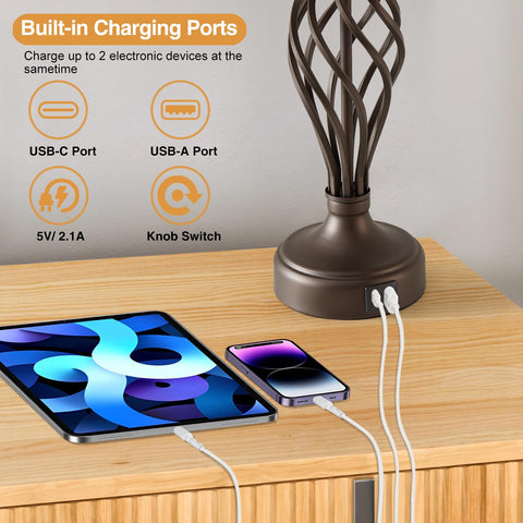 Built-in USB-C and USB-A ports keep devices charged