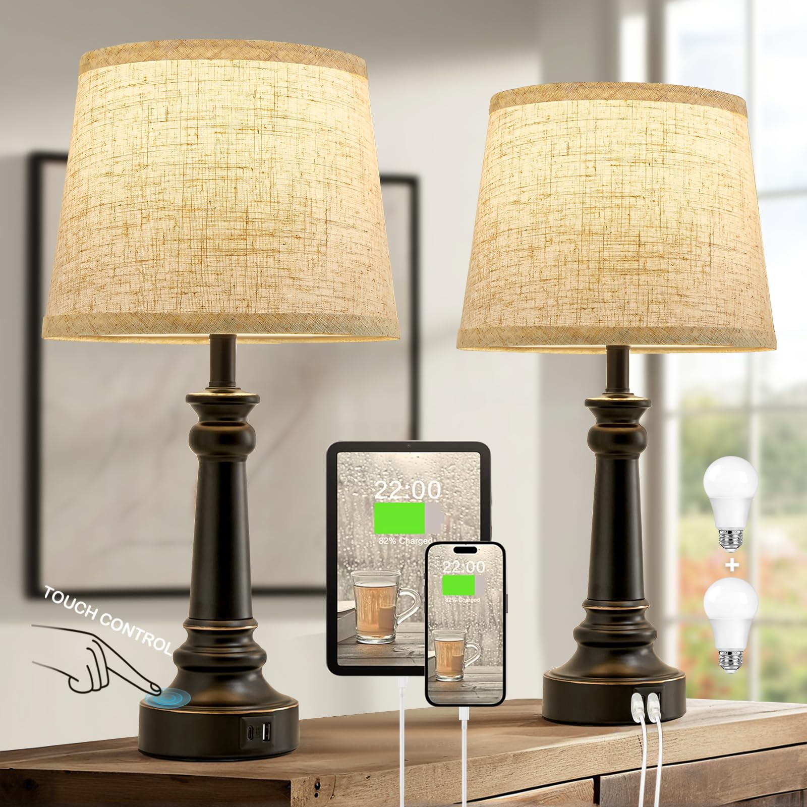EJIAXIN Touch Lamps on nightstand with black finish and two bulbs included.