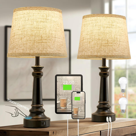EJIAXIN Touch Lamps on nightstand with black finish and two bulbs included.