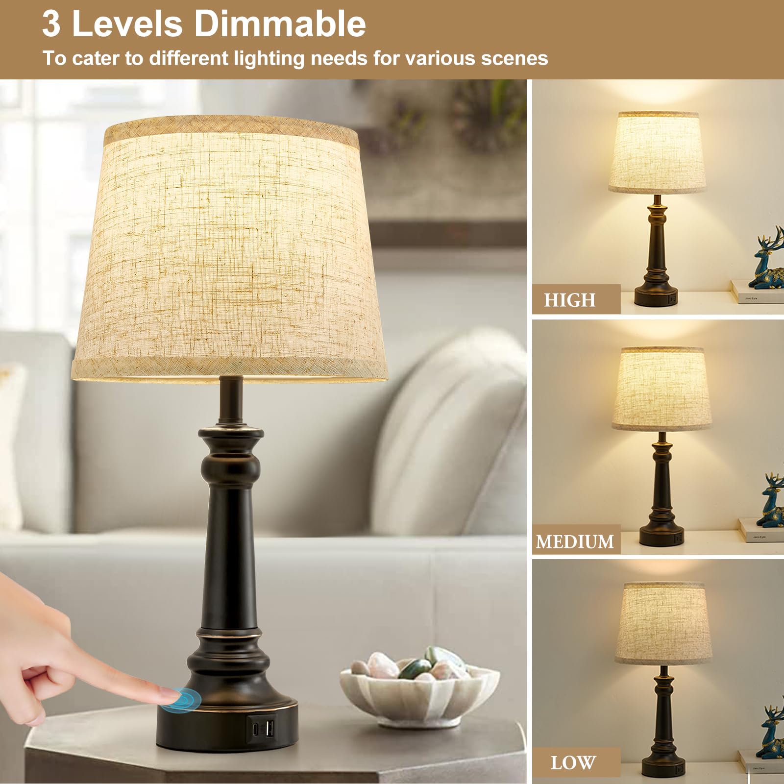 EJIAXIN Touch Lamps with USB ports for bedside charging.