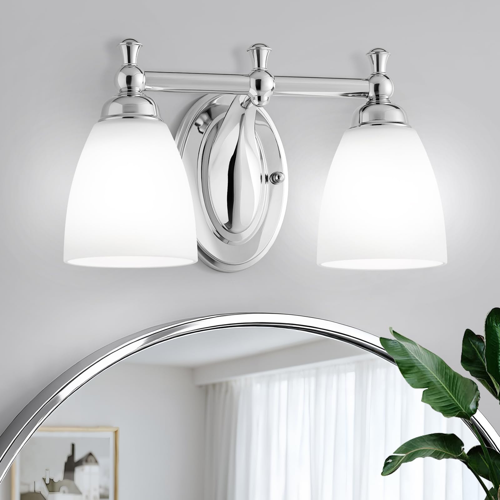 EJIAXIN two-light over-mirror chrome vanity light enhances bathroom visibility.