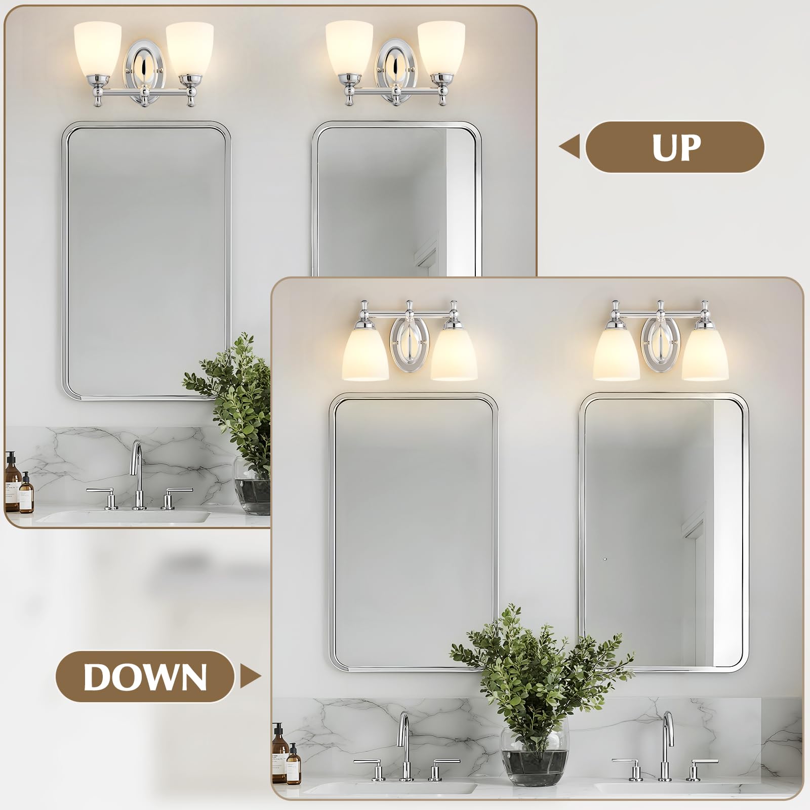 EJIAXIN chrome vanity light demonstrates up-down mounting options for flexible placement.