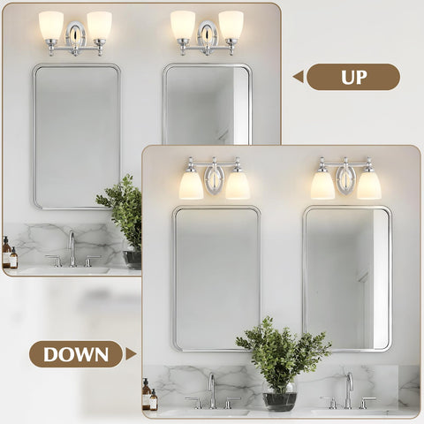 EJIAXIN chrome vanity light demonstrates up-down mounting options for flexible placement.