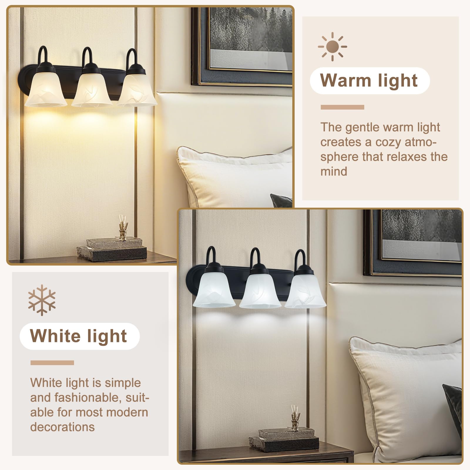 EJIAXIN vanity light with white shades adds soft, contemporary ambience.