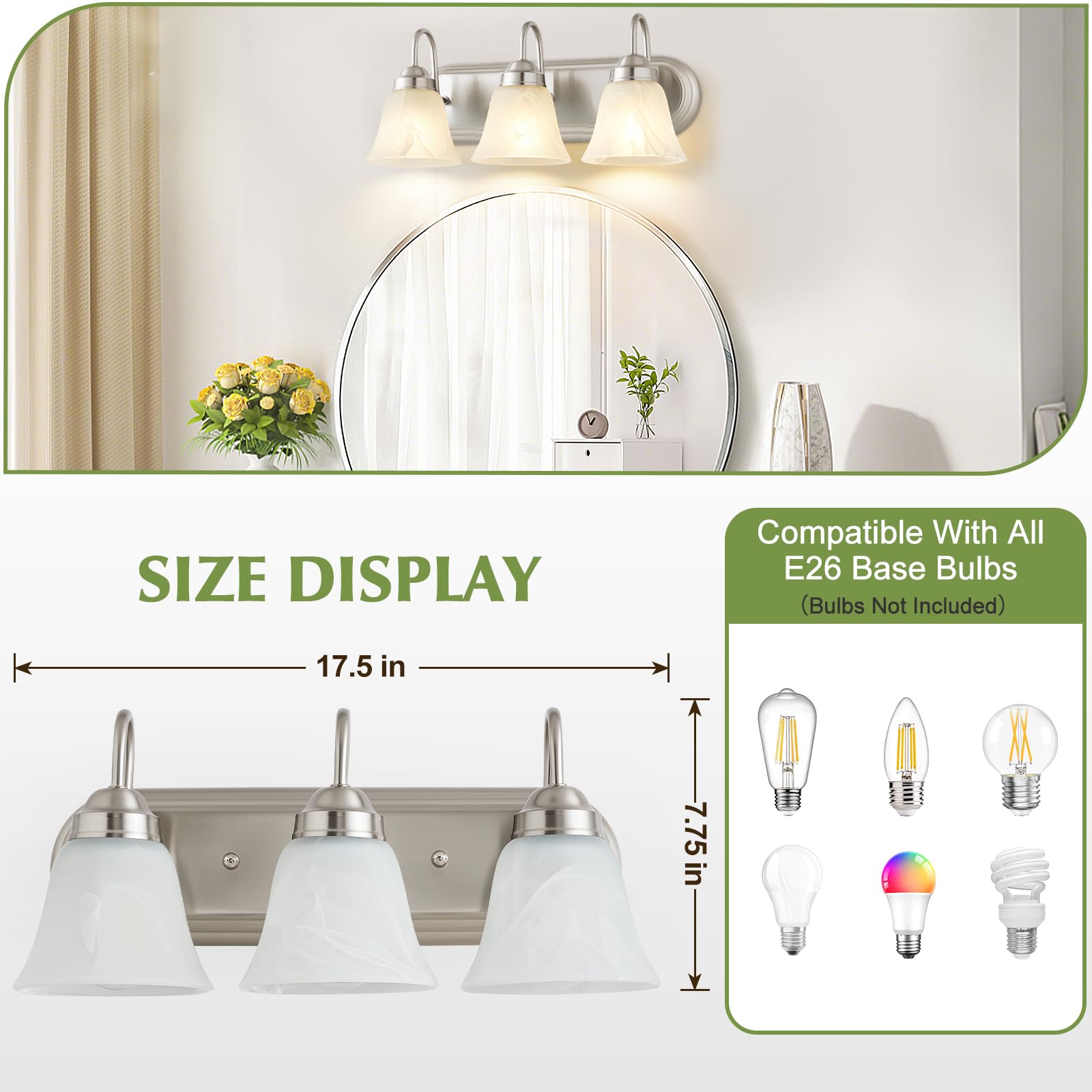 EJIAXIN vanity light with white glass shades softens illumination
