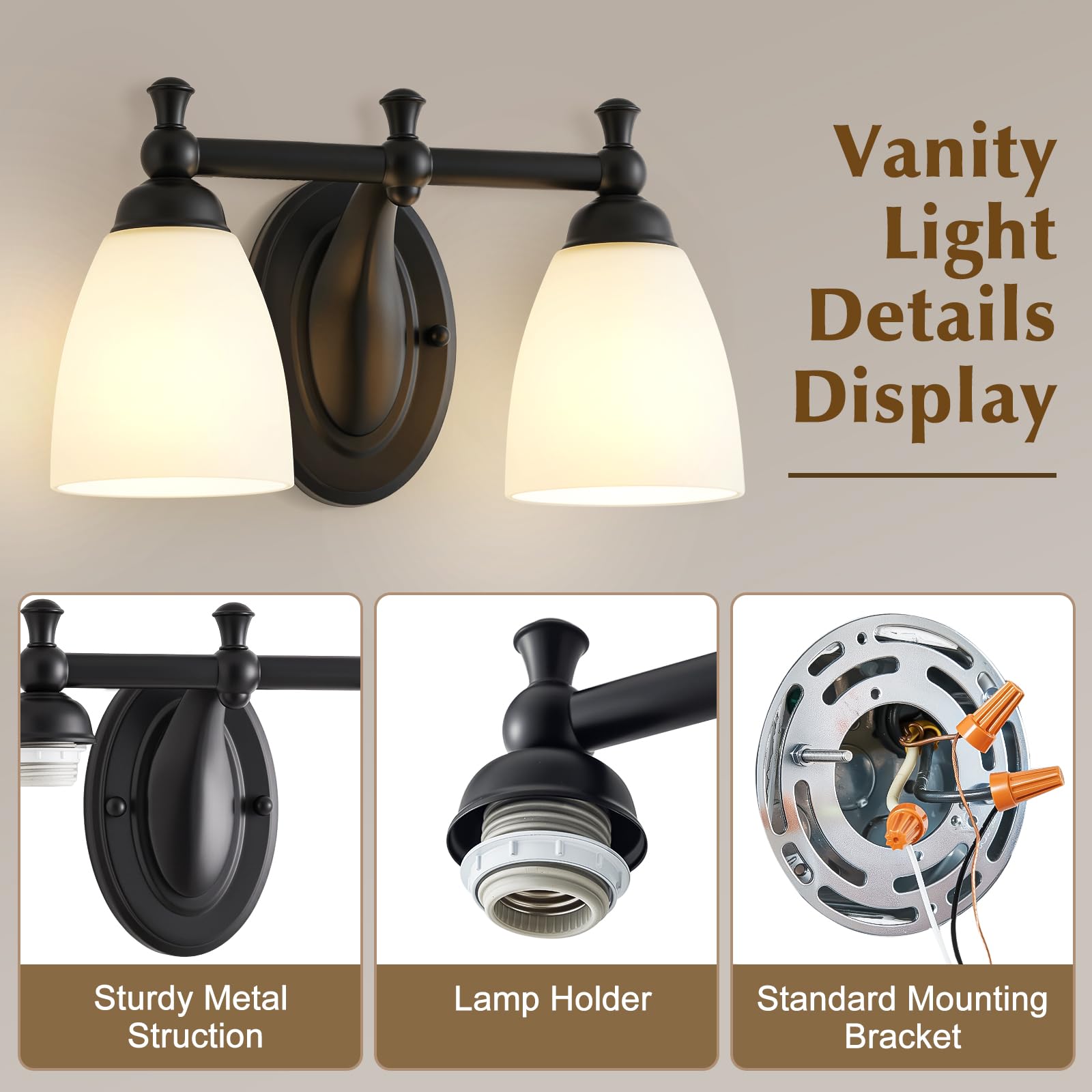 EJIAXIN wall sconce bathroom light in black above mirrors and cabinets.
