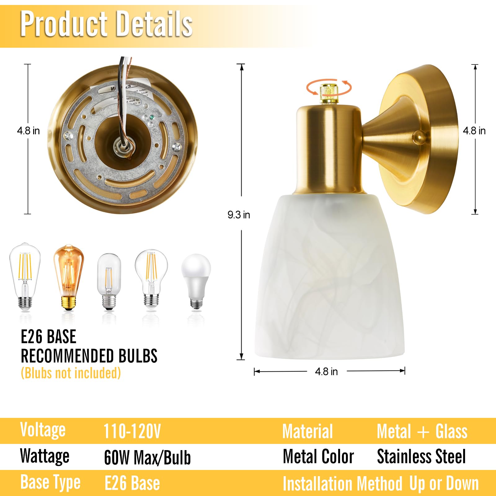 EJIAXIN wall sconce frosted glass shade softens light