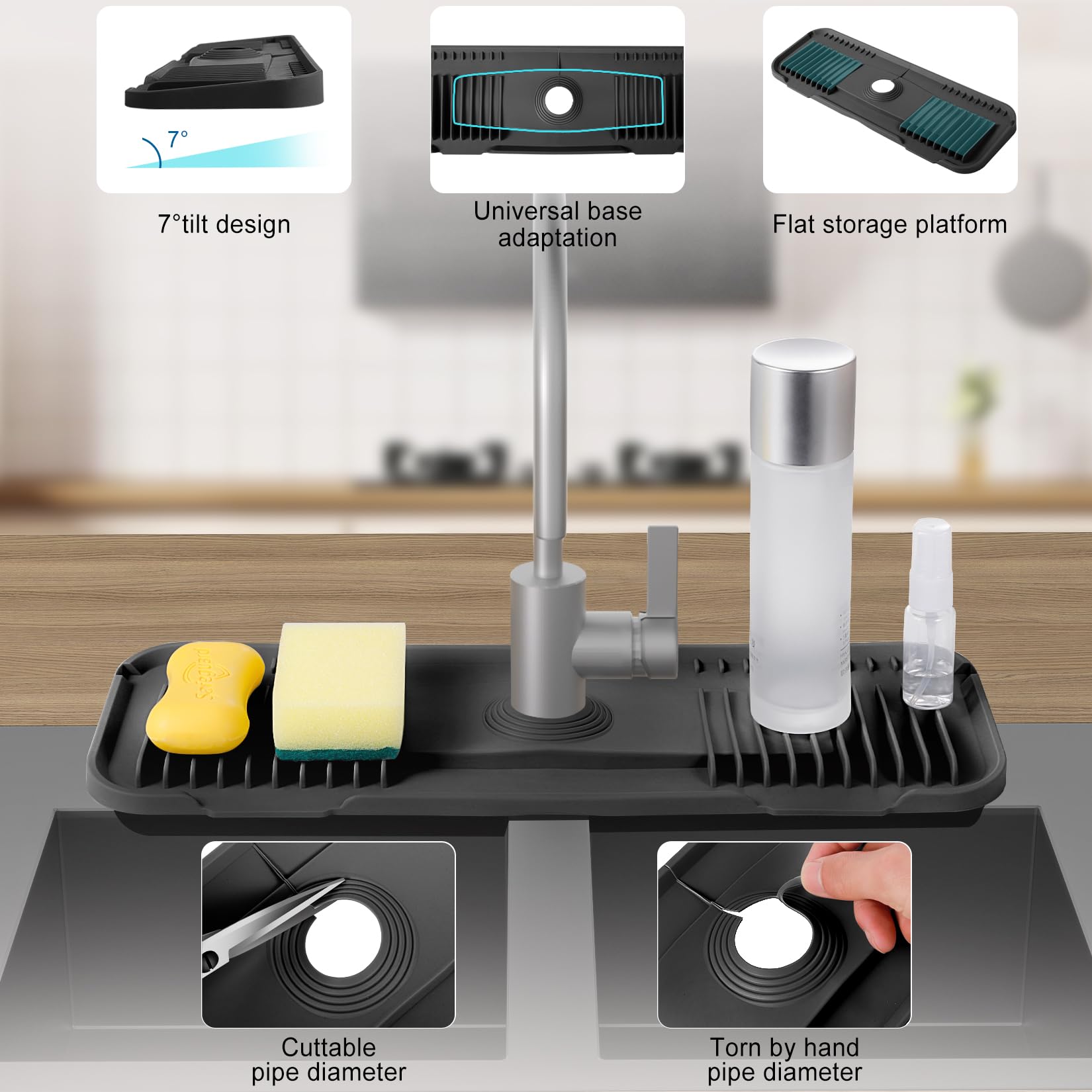 EK-Memory-fish silicone faucet mat central circle adapts to many faucet diameters.