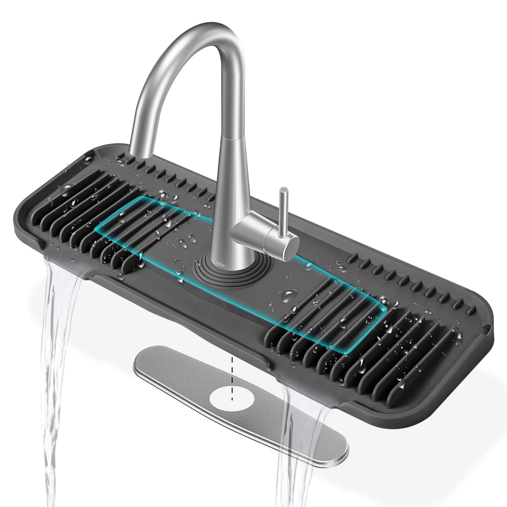 EK-Memory-fish faucet mat around a deck plate reduces splash and keeps counters dry.