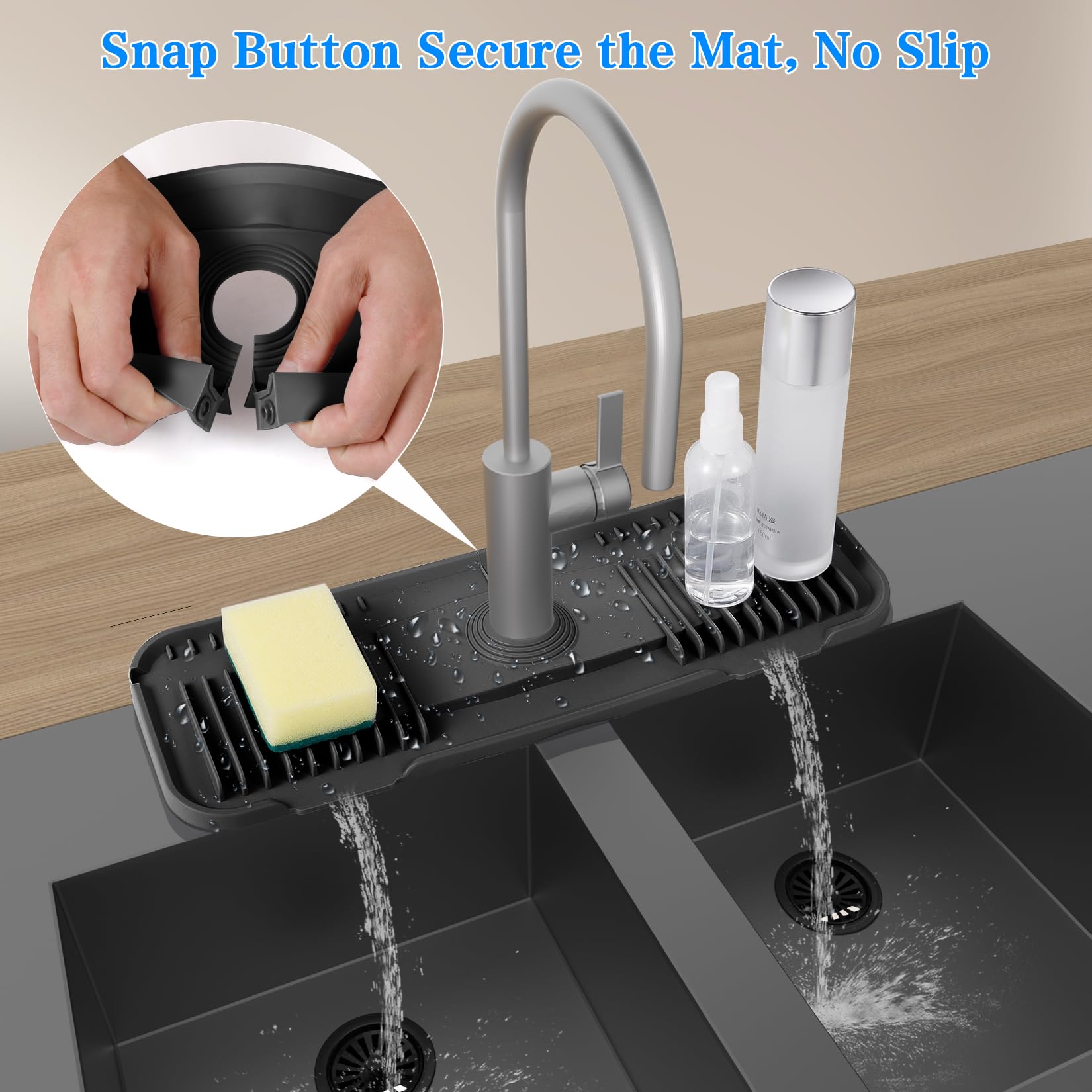 EK-Memory-fish faucet mat drains water into the sink for a cleaner workspace.