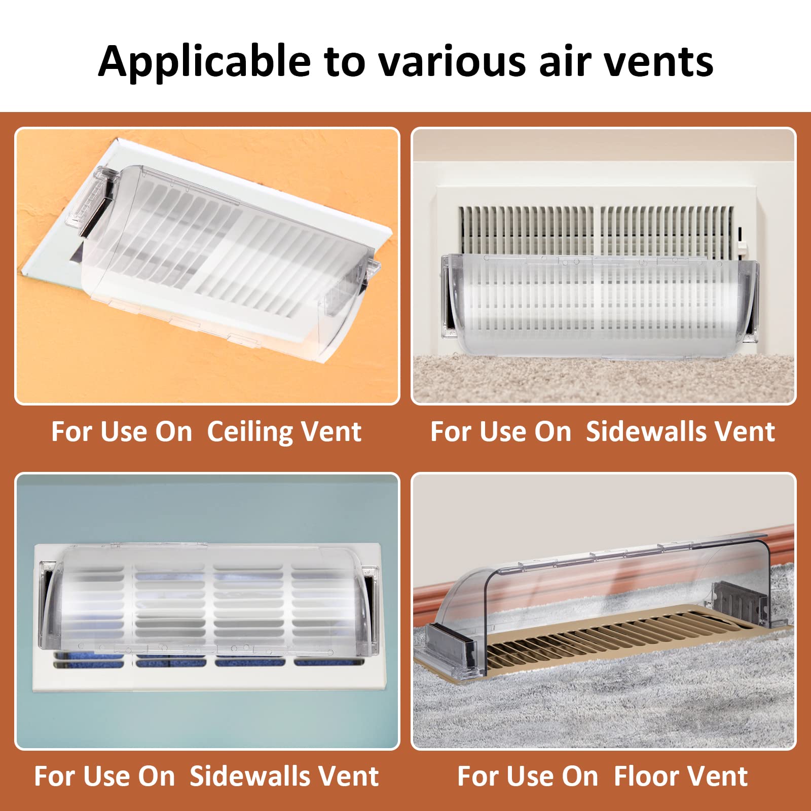 EKOCSIO universal vent compatibility fits common sizes on ceilings, walls, and floors.