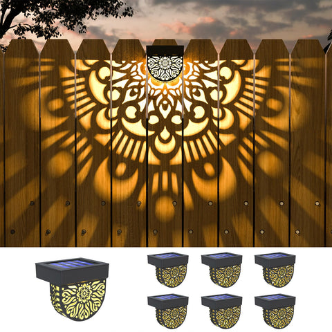 EKQ 6-pack solar fence lights with mandala moon pattern for garden ambiance.