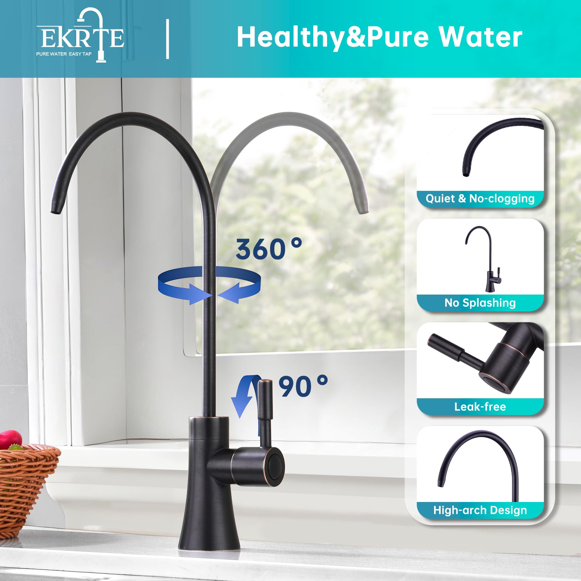 EKRTE water purifier faucet front view emphasizing lead-free brass construction