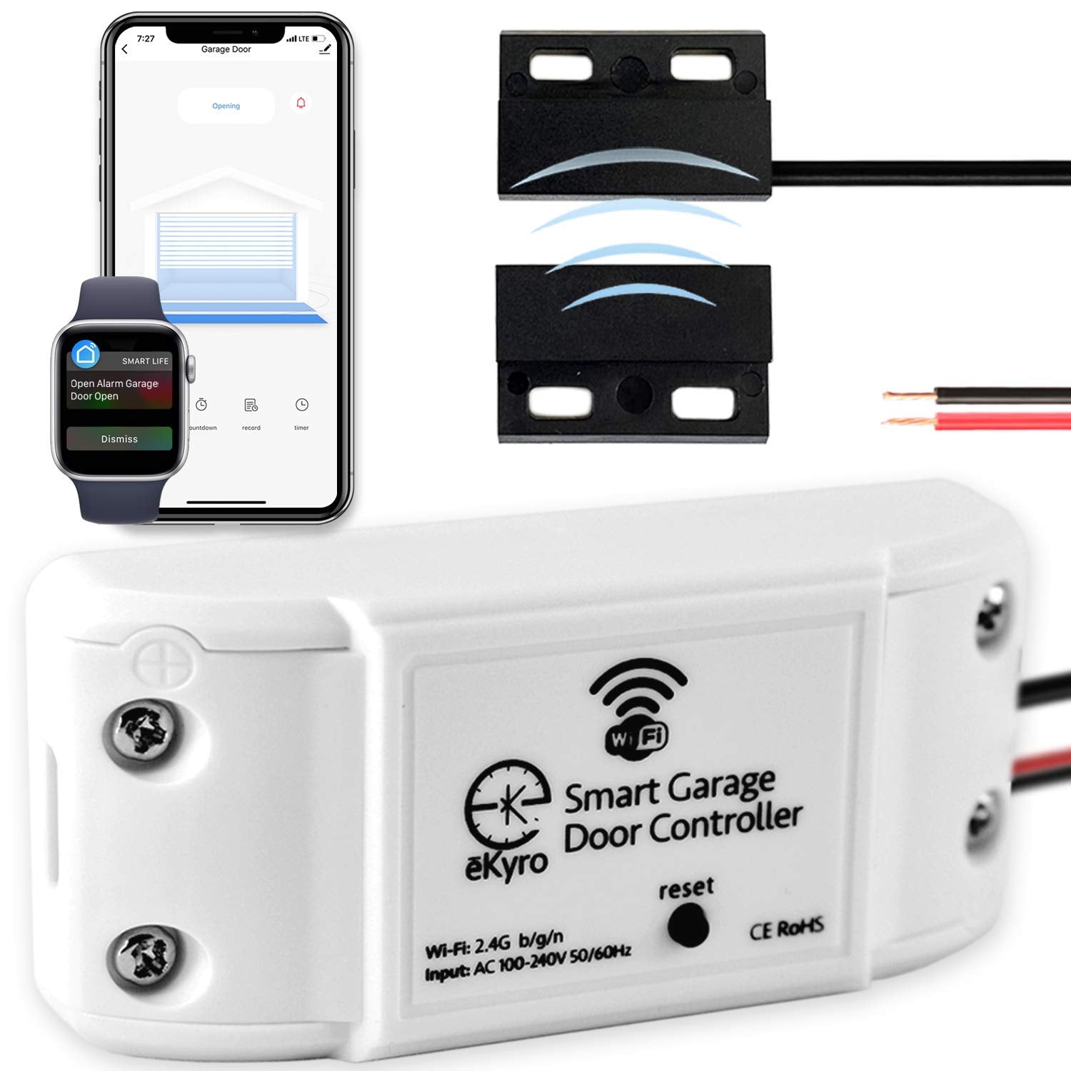eKyro Smart Garage Opener front view showing universal compatibility for easy installation