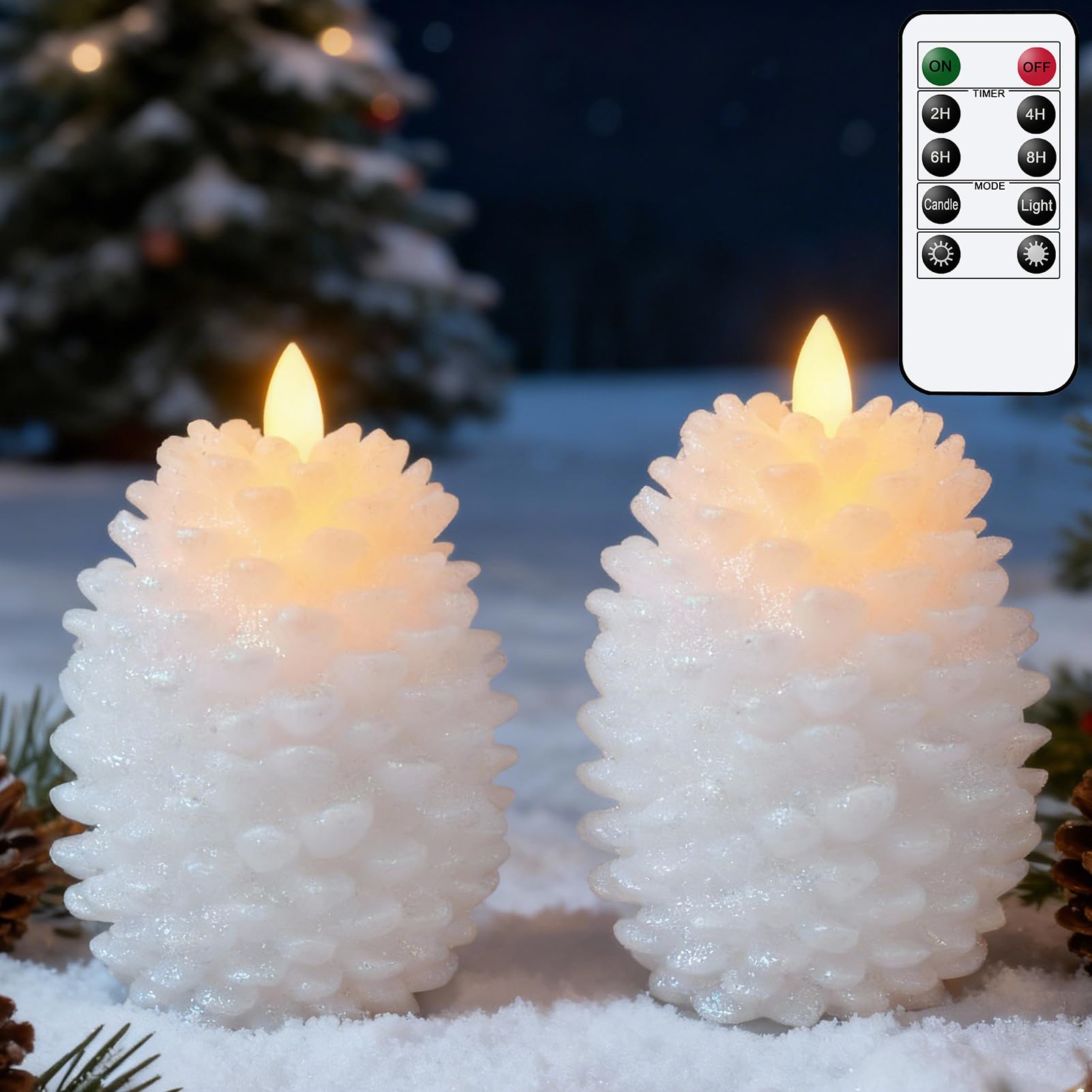 Eldnacele LED pine cone candles white 2-pack for warm holiday ambiance.
