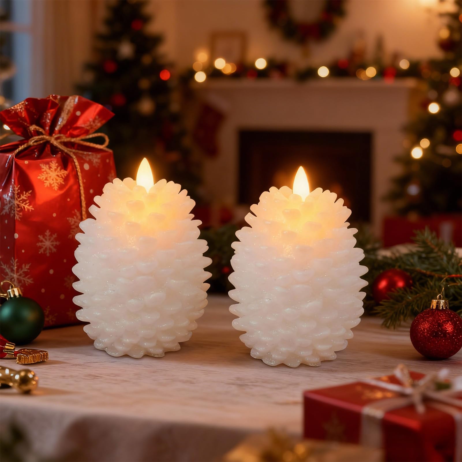 Close-up shows wax texture and realistic flicker without an open flame.