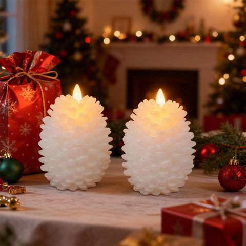 Close-up shows wax texture and realistic flicker without an open flame.