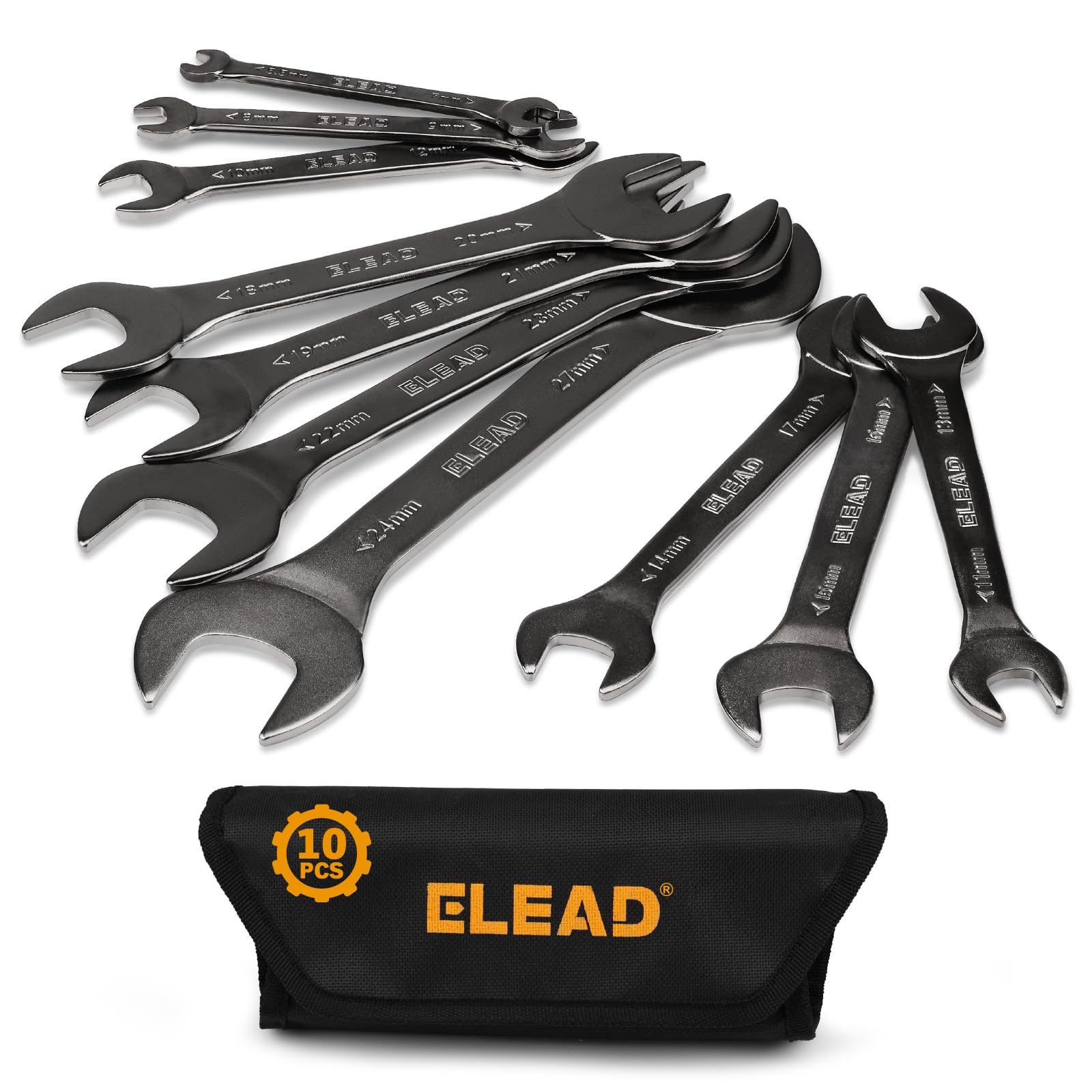 ELEAD 10-Piece Super-Thin Open End Wrenches in full set reach tight spaces.