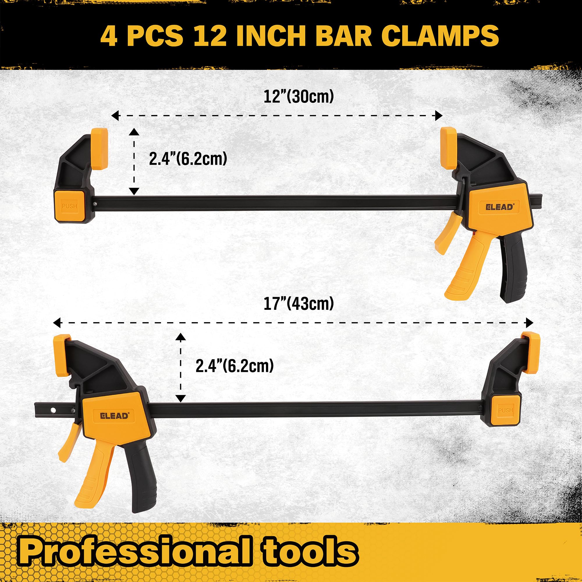 ELEAD 12-inch bar clamp in use securing wood pieces precisely.