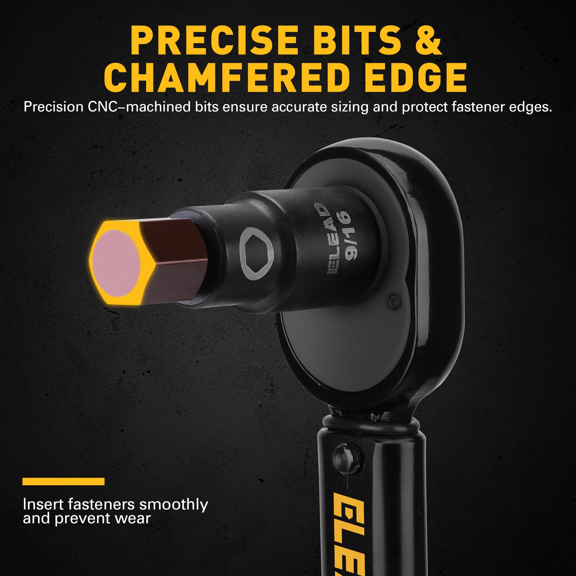 ELEAD hex-bit set drive 1-2 close-up emphasizes strong steel and tight tolerance.