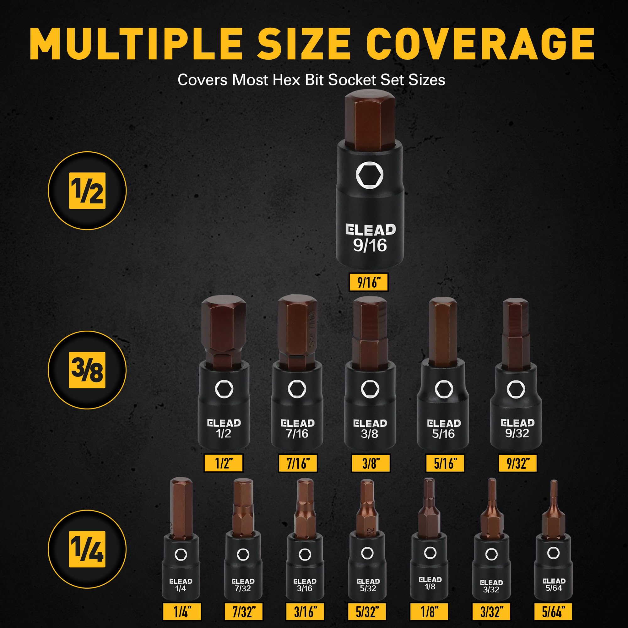 ELEAD hex-bit set drive 1-4 close-up highlights precision fit for fasteners.