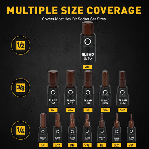 ELEAD hex-bit set drive 1-4 close-up highlights precision fit for fasteners.