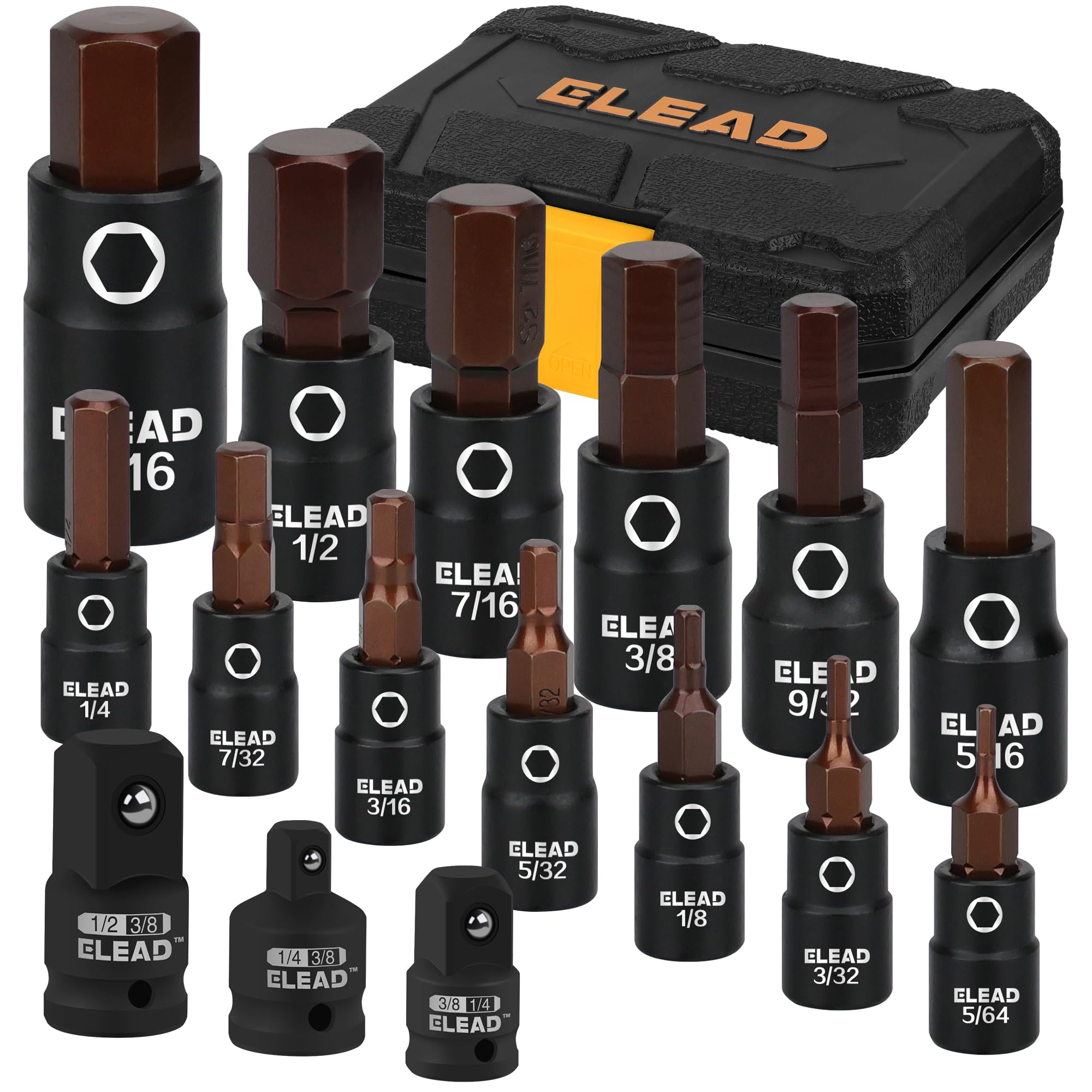 ELEAD 16-piece SAE hex-bit set viewed in the front case for quick organization.