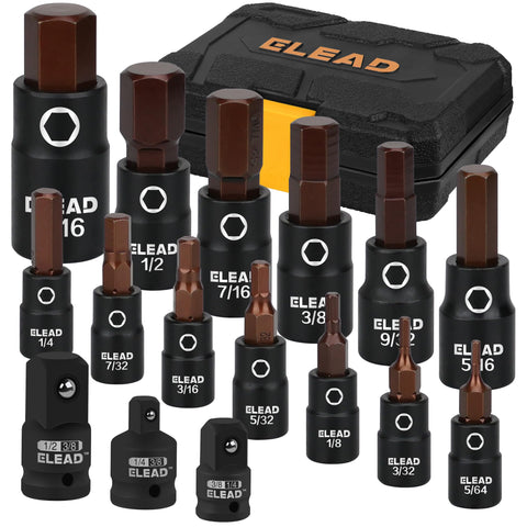 ELEAD 16-piece SAE hex-bit set viewed in the front case for quick organization.