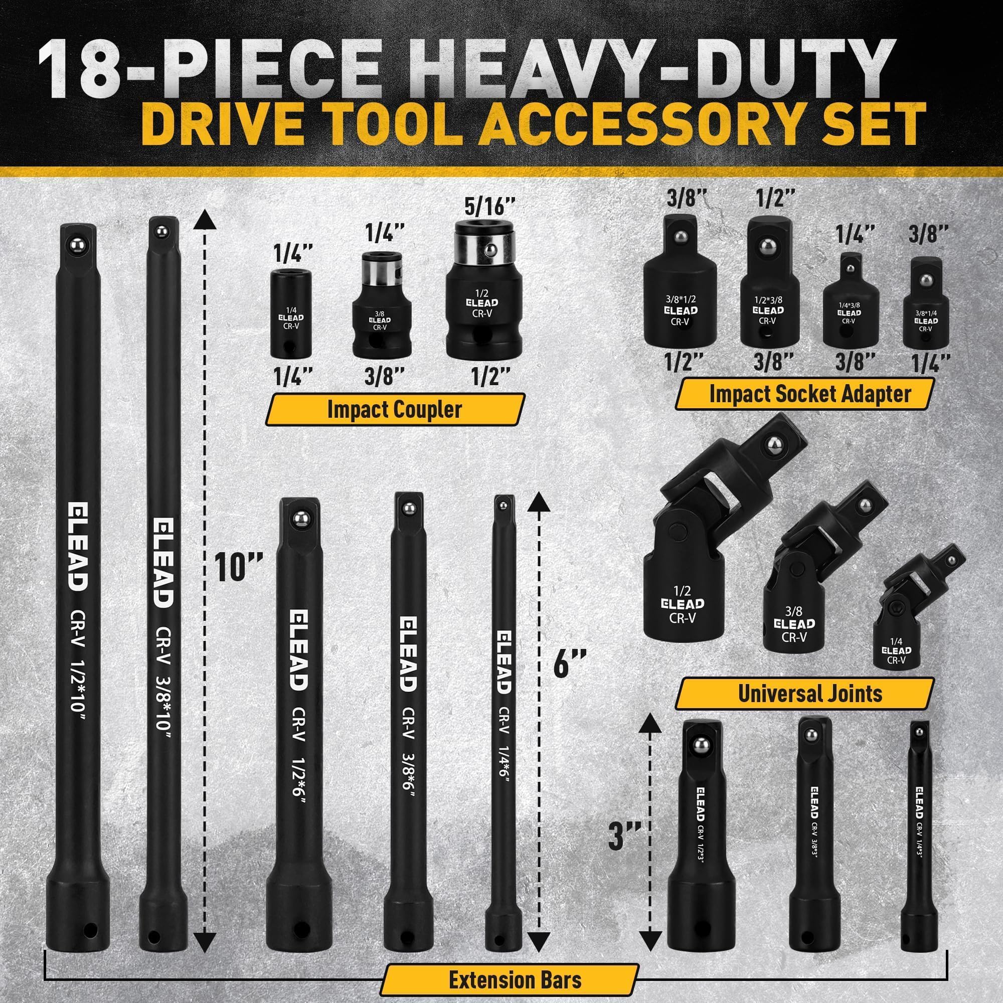 ELEAD 3/8 inch drive extension set for versatile automotive tasks.