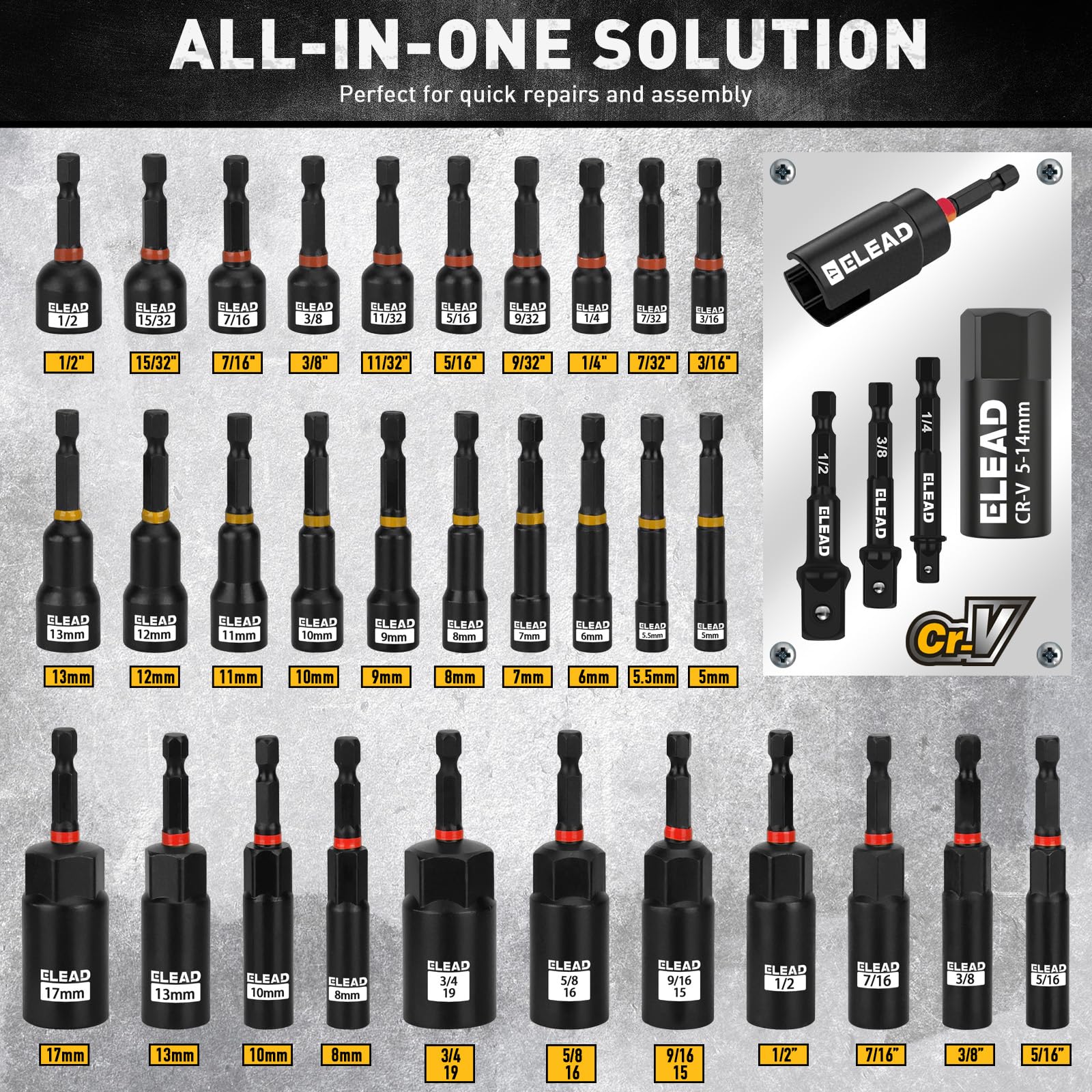 ELEAD twenty mini wrenches with metric and SAE scales on a rack