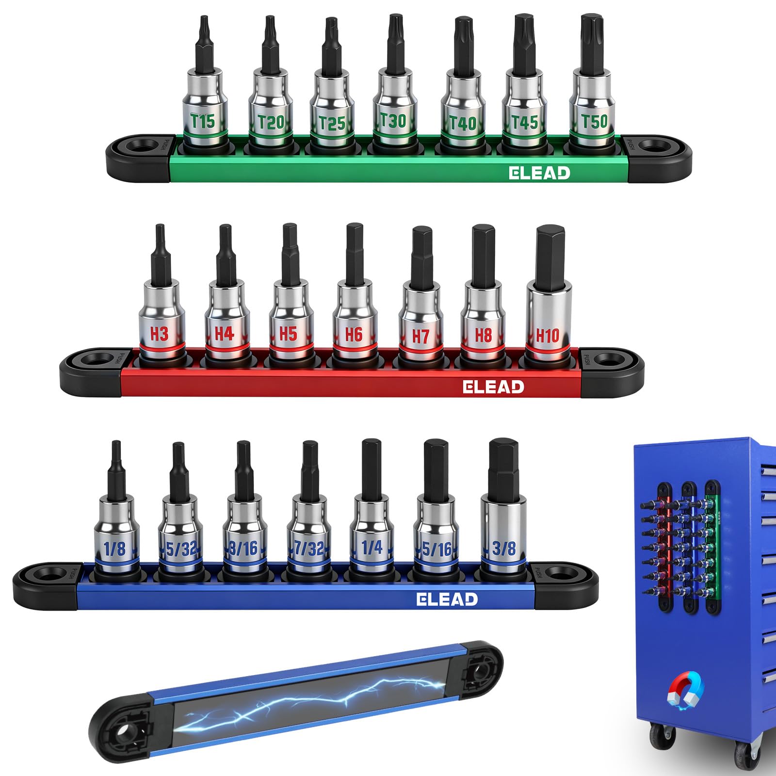 ELEAD 21-piece socket set with rails for organized automotive work.