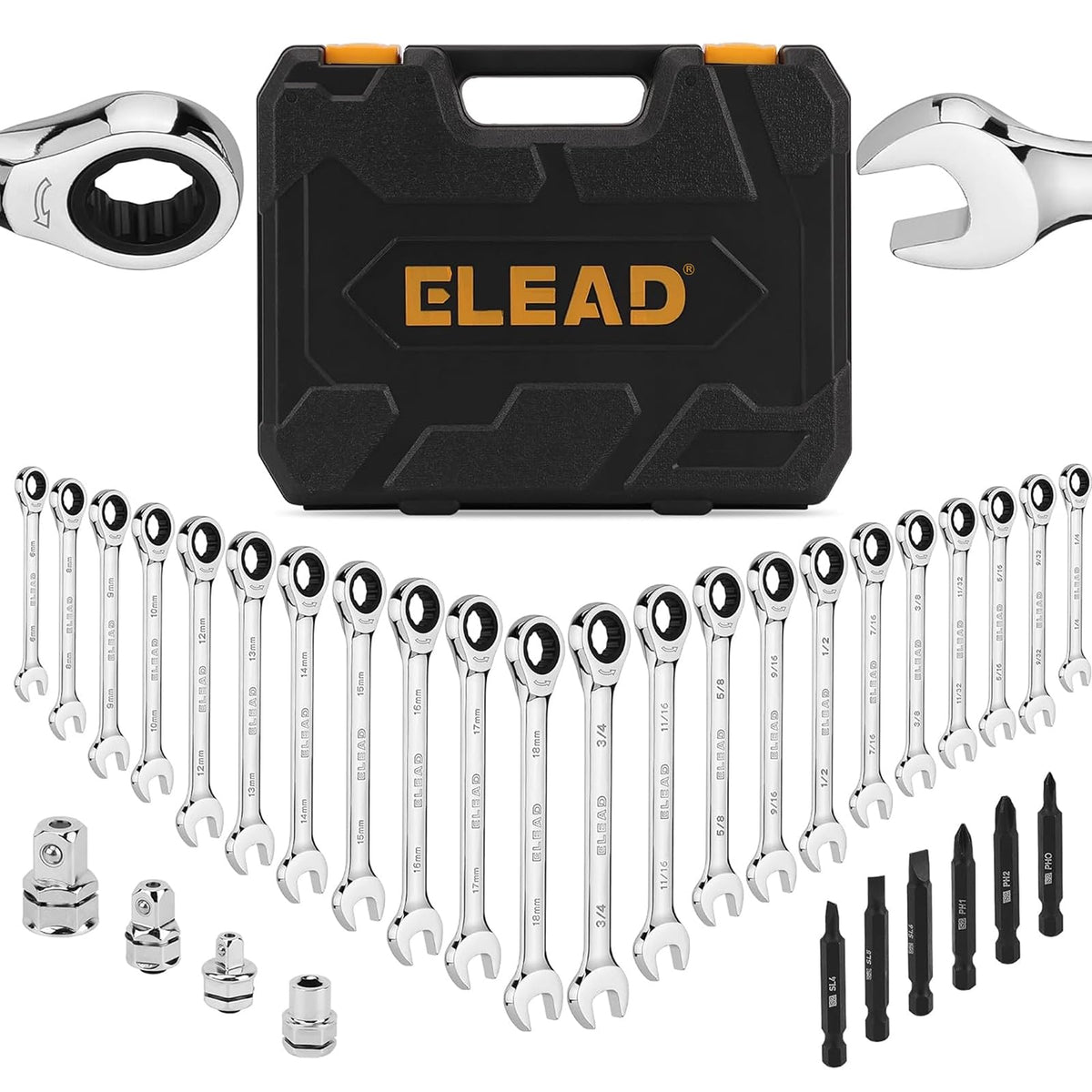 ELEAD 33-piece wrench set neatly organized in a portable case for quick vehicle fixes.