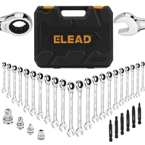 ELEAD 33-piece wrench set neatly organized in a portable case for quick vehicle fixes.