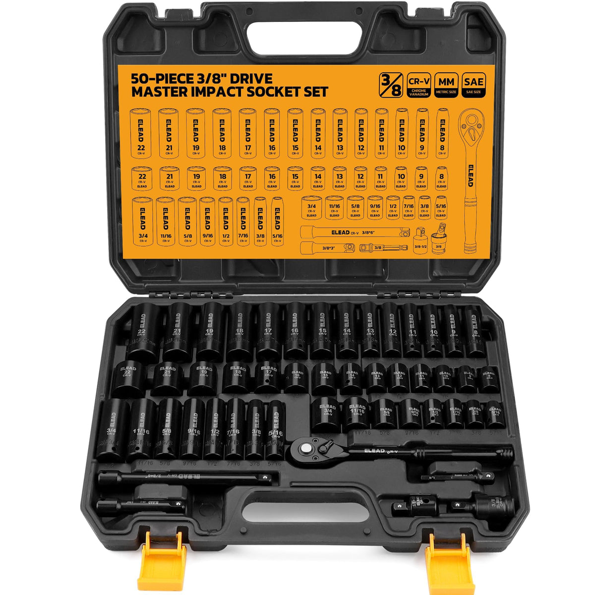 ELEAD 3/8 drive impact socket set in case for quick access and portability.