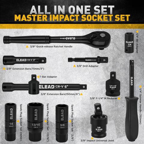 ELEAD metric sockets with laser markings for fast size selection.