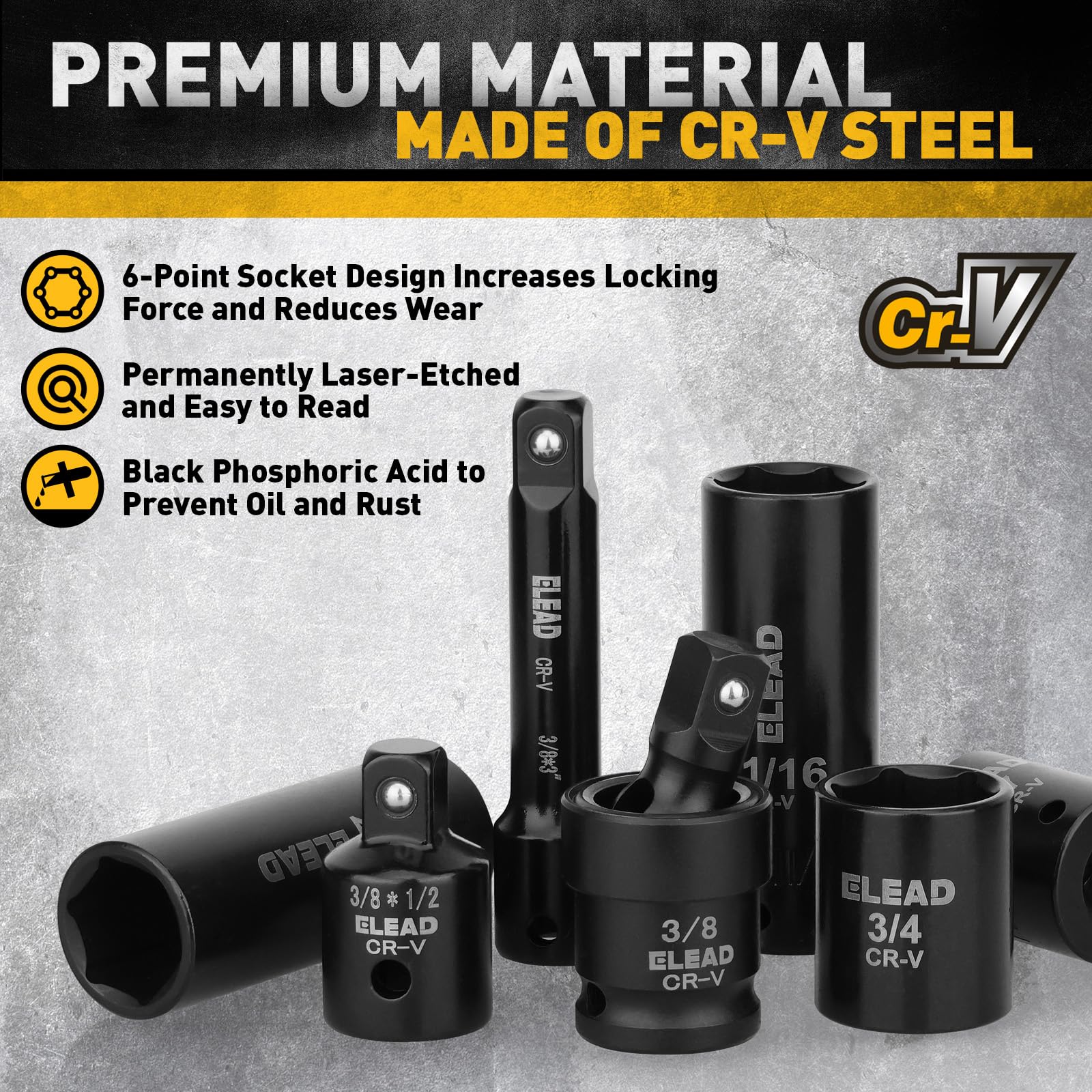 ELEAD SAE sockets with laser markings for precise fit on standard fasteners.