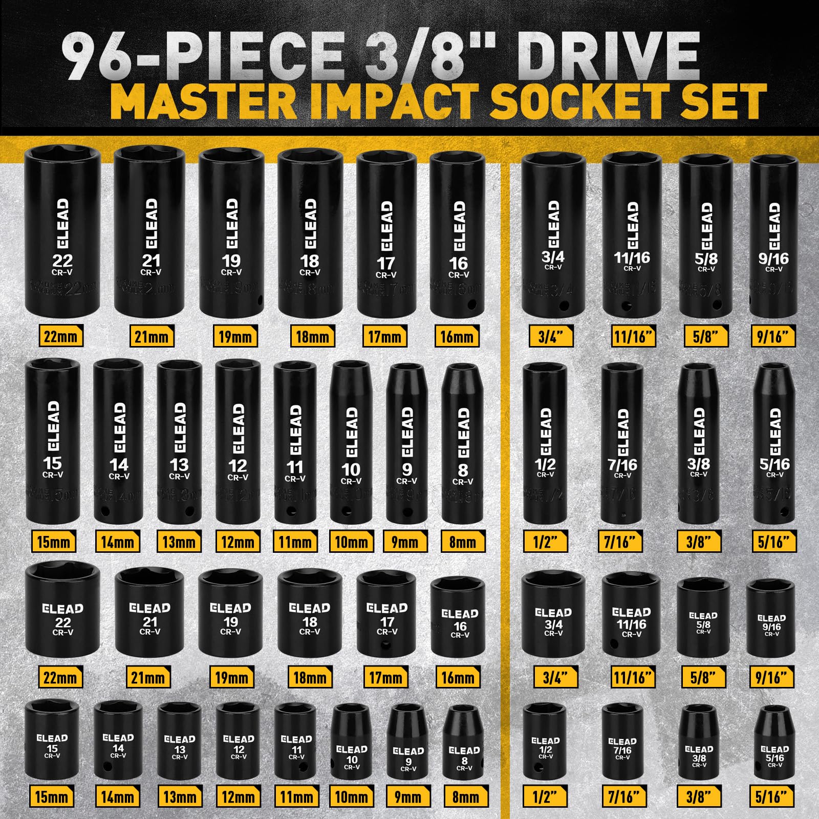 ELEAD 3/8-inch drive shallow sockets for quick access in tight spaces.