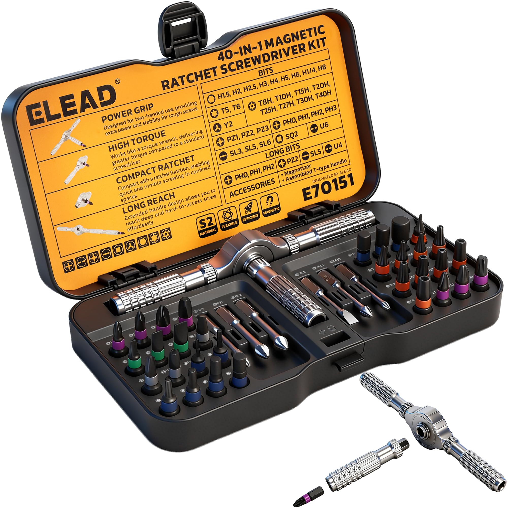 ELEAD 40-in-1 magnetic ratchet screwdriver set in case for portable precision work