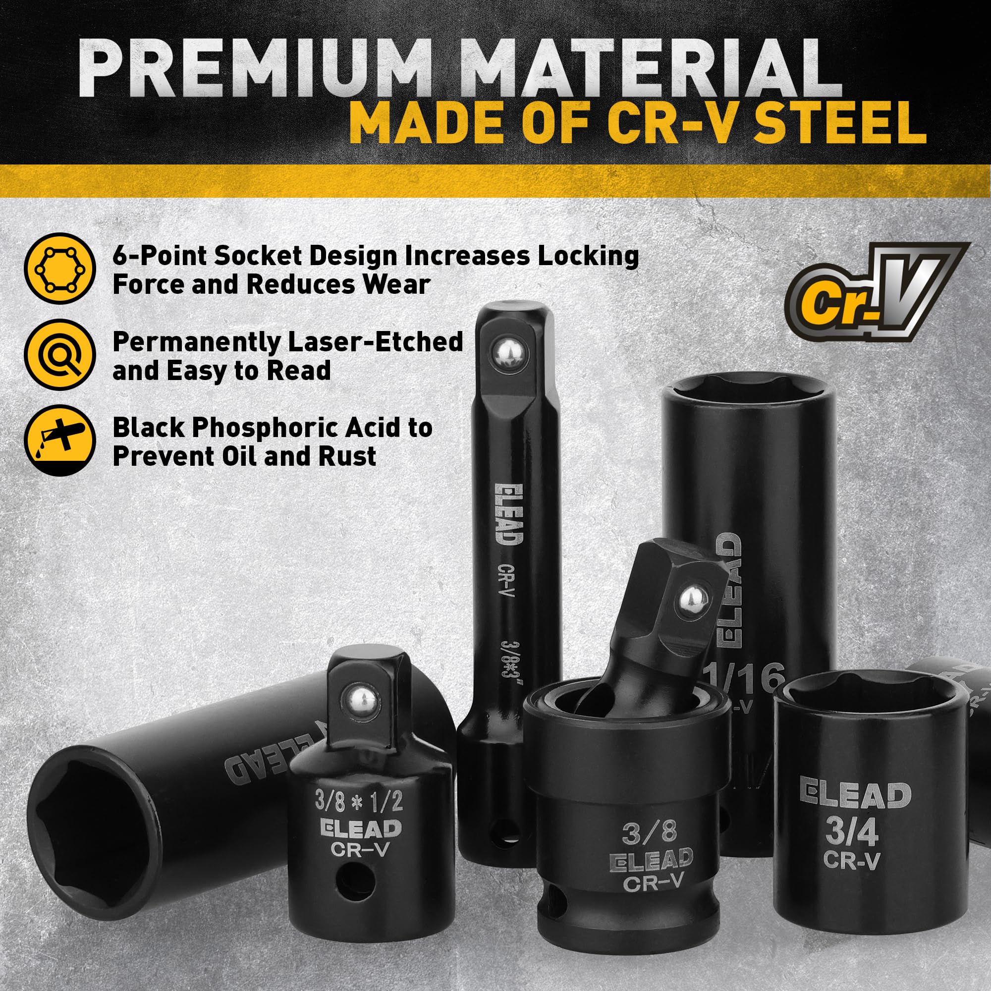 ELEAD 6-point design reduces rounding for tough fasteners.