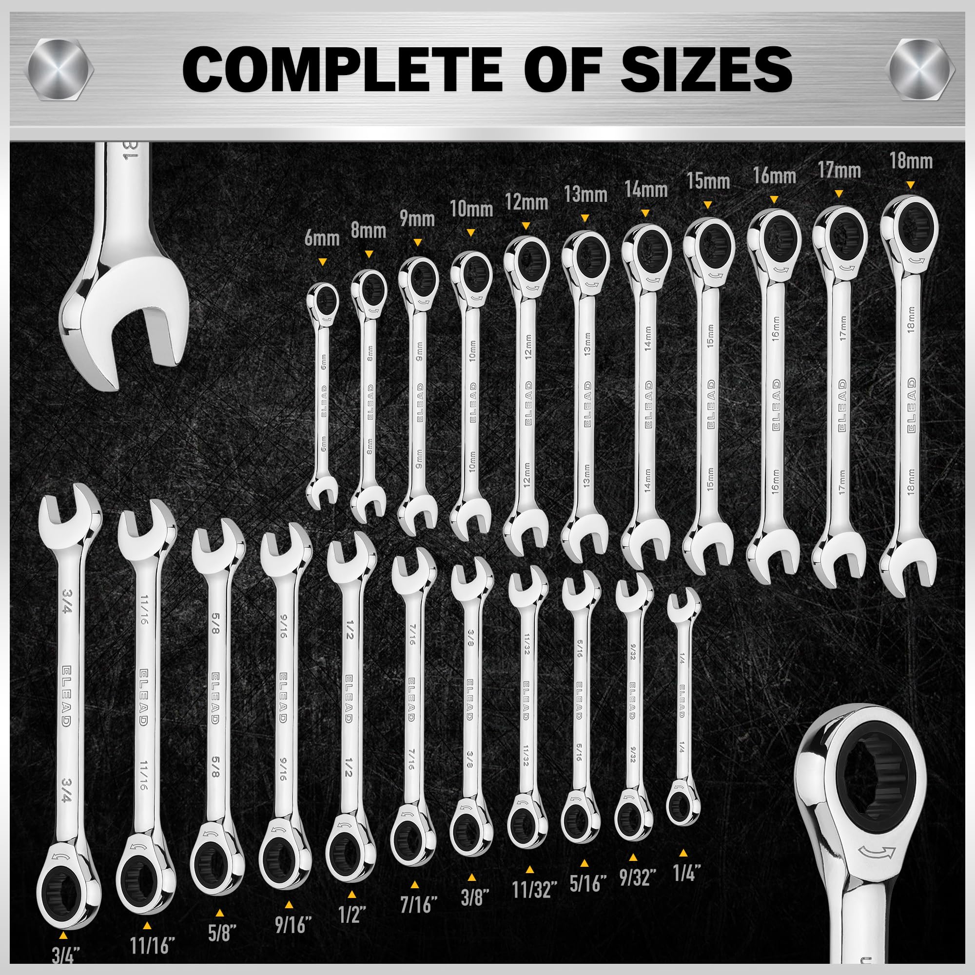 ELEAD 72-tooth ratchet wrench enables smooth work in tight spaces.