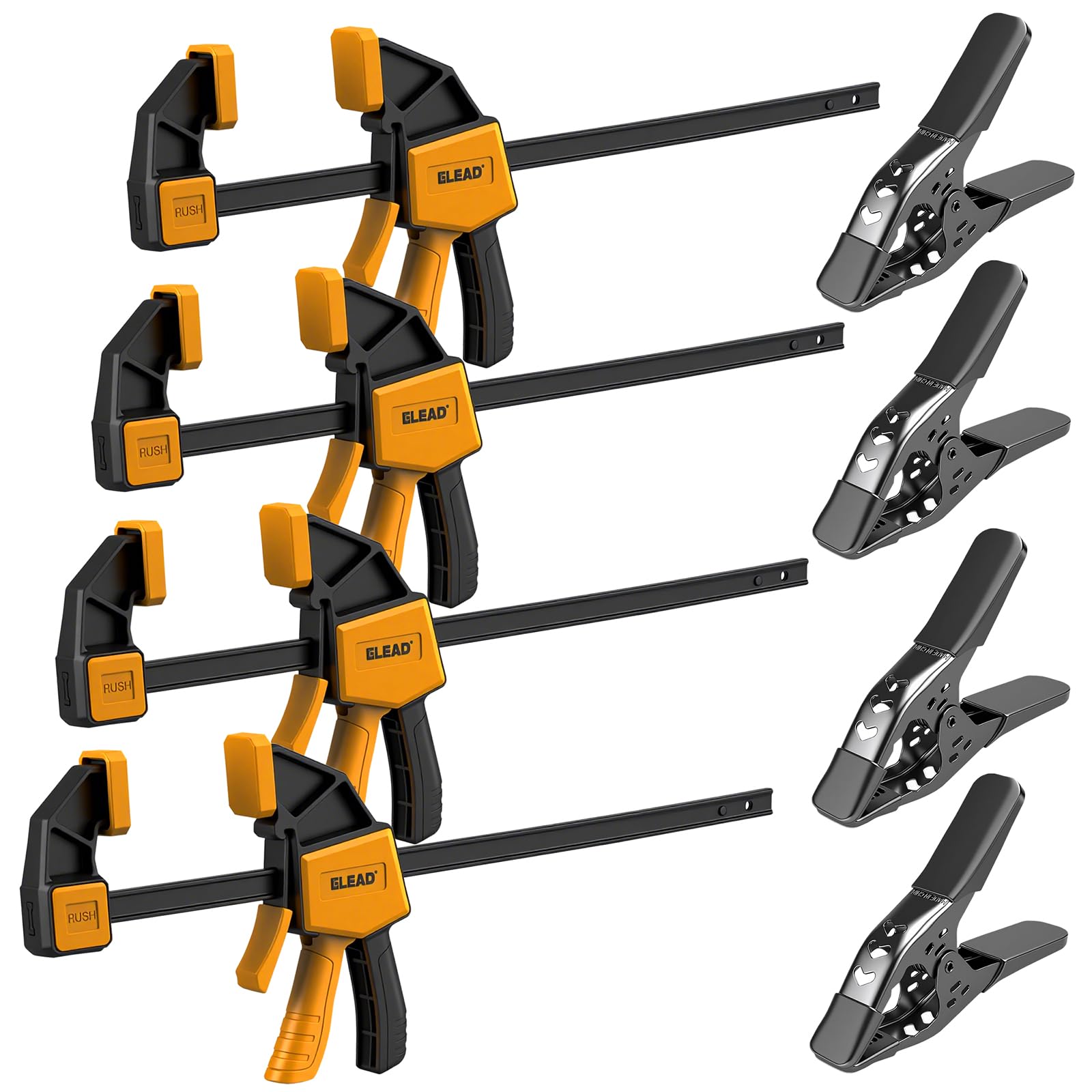 ELEAD 8-piece bar clamps set securing panels with strong 150 lb grip.