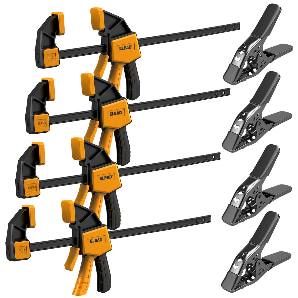 ELEAD 8-piece bar clamps set securing panels with strong 150 lb grip.