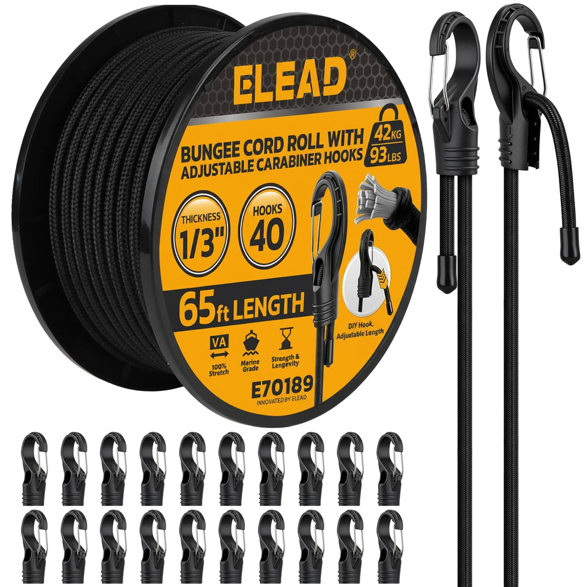 ELEAD bungee cord roll closeup of 40 adjustable hooks for versatile cargo securing
