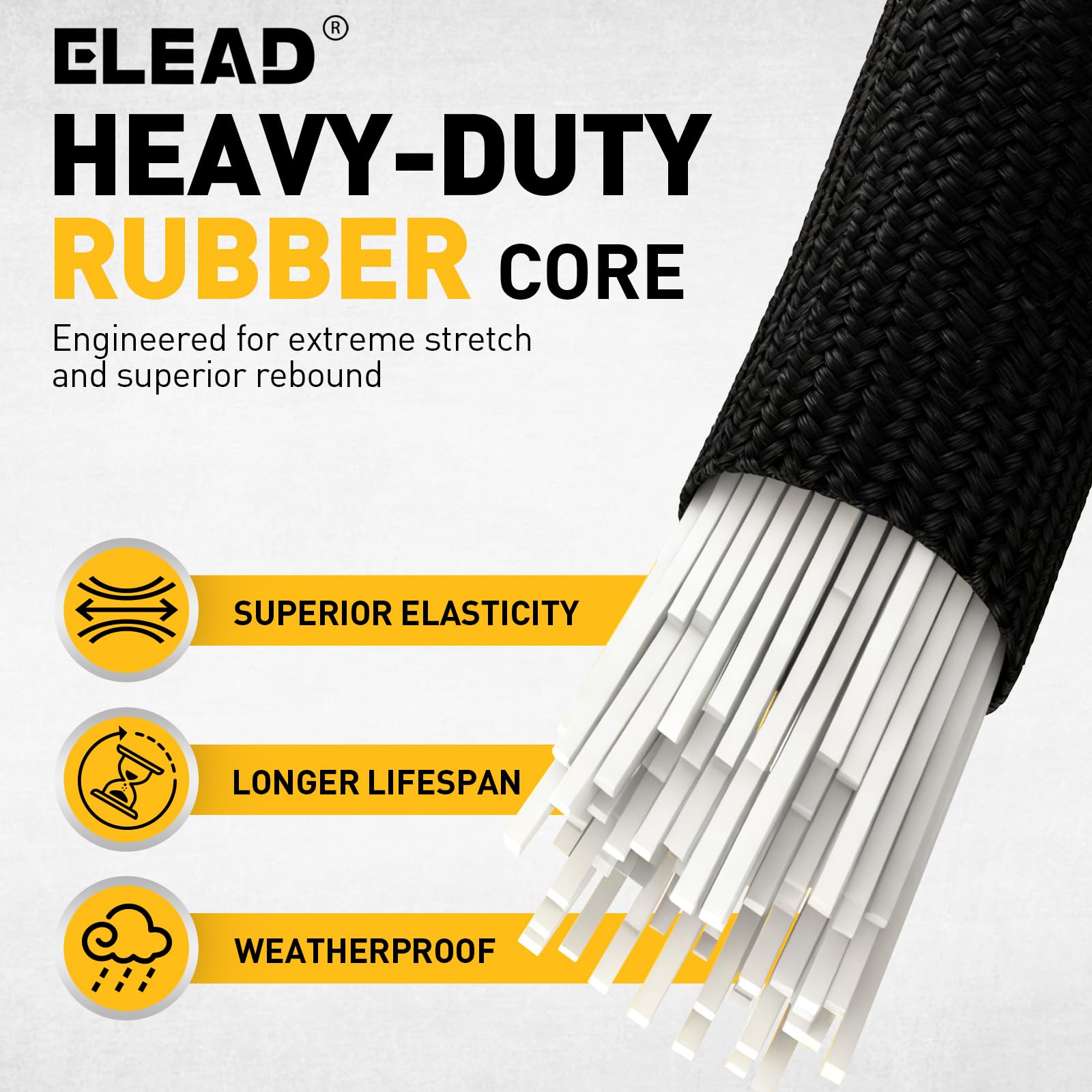 ELEAD bungee cord roll carabiner hooks assembly shows secure fastening on varied surfaces